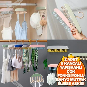 2 Adet 8 Kancalı Çok Fonksiyonlu Askısı | Şapka Kravat Eşarp Elbise Mutfak Banyo Yapışkanlı Kancalı Askı