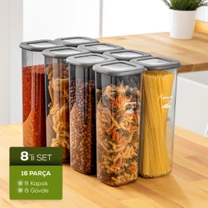 8'li Etiketli Lux Hava Geçirmez Erzak Saklama Kabı Seti 2 Lt Antrasit
