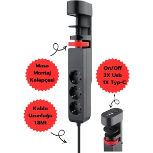 Blackbird Game Center Akım Korumalı Priz Masa Kenarı Ayarlanabilir 3 Priz + 2 USB + 1 Type C Girişli Priz Ftr-19