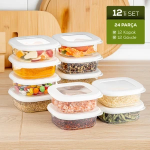 12'li Etiketli Lux Hava Geçirmez Erzak ve Baharat Saklama Kabı Seti 0,25 Lt Beyaz