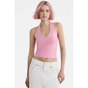 Kadın Pembe Halter Yaka Crop Top Body