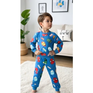 Trend Bebe Butik Erkek Çocuk Marvel Karakterleri Baskılı Uzun Kollu Mevsimlik Eşofman Takımı Pamuklu Bisiklet Yaka Mavi PijamaTakımı Çocuk Ev Giyim