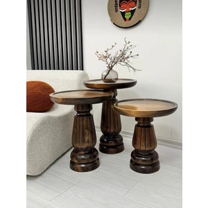 Aselya Home Doğal Ahşap 3'lü Set Mantar Yan Sehpa Modern Ceviz Renk Fiskos Zigon Çiçeklik