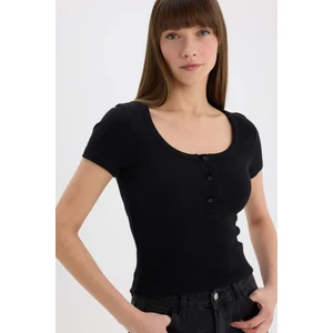 Slim Fit Dar Kesim Yuvarlak Yaka Basic Düz Fitilli Kaşkorse Kısa Kollu Tişört E5781AX25SP