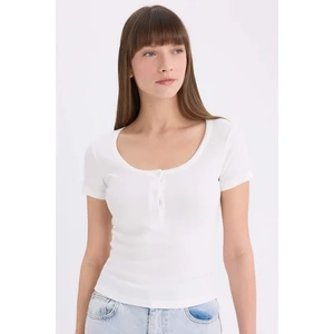 Slim Fit Dar Kesim Yuvarlak Yaka Basic Düz Fitilli Kaşkorse Kısa Kollu Tişört E5781AX25SP