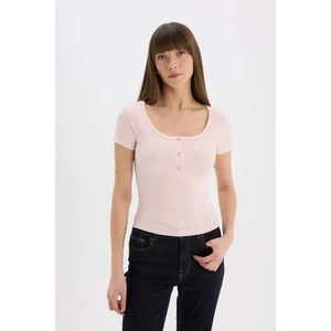 Slim Fit Dar Kesim Yuvarlak Yaka Basic Düz Fitilli Kaşkorse Kısa Kollu Tişört E5781AX25SP