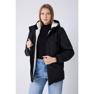 Kadın Siyah Içi Kürklü Su ve Rüzgar Geçirmez Kapüşonlu Kışlık Mont & Kaban & Parka ML-FMM-100-K
