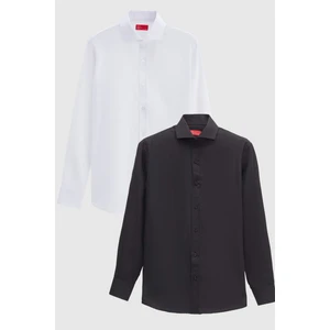 D'S Damat Ds Damat Slim Fit Siyah/beyaz Italyan Yaka Dar Kesim Klasik Kravatlık  Uzun Kollu Kolay Ütülenebilir Nefes Alan 2'li Gömlek 2HF02ORTBN86