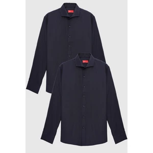 D'S Damat Ds Damat Slim Fit Lacivert Italyan Yaka Dar Kesim Klasik Kravatlık  Uzun Kollu Kolay Ütülenebilir Nefes Alan 2'li Gömlek 2HF02ORTBN86