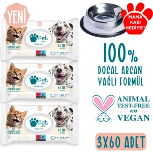 Pet Love Kediler ve Köpekler İçin Temizleme Mendili 3X60 Adet 100% Doğal Argan Yağlı