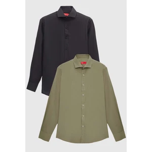 D'S Damat Ds Damat Slim Fit Siyah/haki Italyan Yaka Dar Kesim Klasik Kravatlık  Uzun Kollu Kolay Ütülenebilir Nefes Alan 2'li Gömlek 2HF02ORTBN86