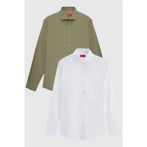 D'S Damat Ds Damat Slim Fit Haki Italyan Yaka Dar Kesim Klasik Kravatlık  Uzun Kollu Kolay Ütülenebilir Nefes Alan 2'li Gömlek 2HF02ORTBN86