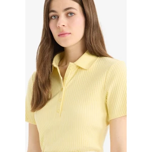 Slim Fit Dar Kesim Fitilli Kaşkorse Kısa Kollu Polo Sarı Tişört E6577AX25SP