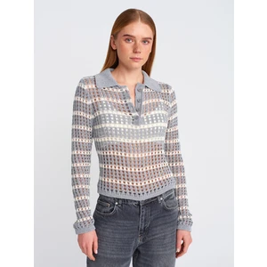 10724 Polo Yaka Ajurlu Düğmeli Triko Kazak-Gri-Ekru