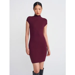 91304 Dik Yaka Streç Mini Elbise-Açık Bordo