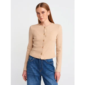 60424 Düğme Detaylı Uzun Kollu Hırka-Bej