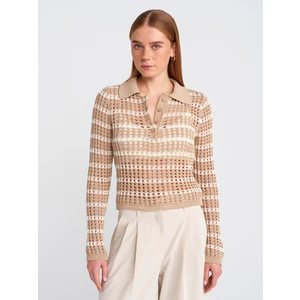 10724 Polo Yaka Ajurlu Düğmeli Triko Kazak-Gri-Ekru