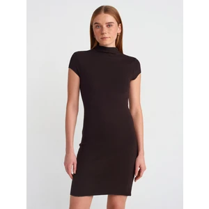 91304 Dik Yaka Streç Mini Elbise-Koyu Kahve