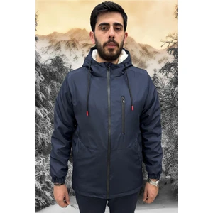Erkek Lacivert Içi Kürklü Su ve Rüzgar Geçirmez Kapüşonlu Kışlık Mont & Kaban & Parka ML-FMM-100