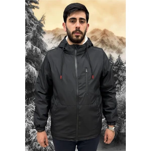 Erkek Siyah Içi Kürklü Su ve Rüzgar Geçirmez Kapüşonlu Kışlık Mont & Kaban & Parka ML-FMM-100