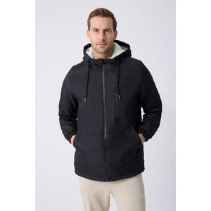 Erkek Siyah Kürklü Su ve Rüzgar Geçirmez Kapüşonlu Kışlık Mont & Kaban & Parka FMM-100