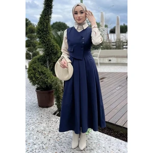 Kadın Düğme Detaylı Pileli Tesettür Jile Elbise
