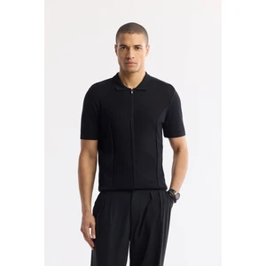 Erkek Regular Fit Siyah Polo Yaka Dokulu Rayon Triko T-Shirt A51Y5106