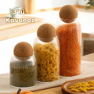 Lanford 3'lü Top Mantar Kapaklı Cam Kavanoz Seti