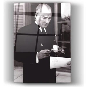 Zera Wall Gazi Mustafa Kemal Atatürk Siyah-Beyaz Cam Tablo- Ev ve Ofis Dekorasyonu-Hediyelik-Dekoratif-Modern-Atatürk