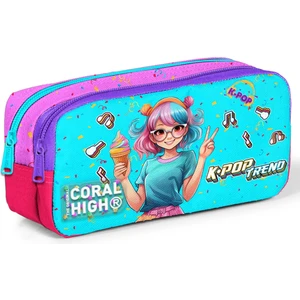Coral High Kids Pembe Turkuaz K-Pop Desenli Iki Bölmeli Kalem Çantası 12118