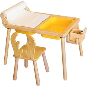 Woodnjoy  Doğal Ahşap Duyusal Çocuk Aktivite Masası Oyun Masası ve Çocuk Çalışma Masası 1 Sandalye Seti(Rulo Aparalı ve Kırtasiye İstasyonlu)