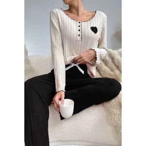 Bella Notte Nakışlı Siyah Pamuklu Kalp Detaylı Pijama Takımı