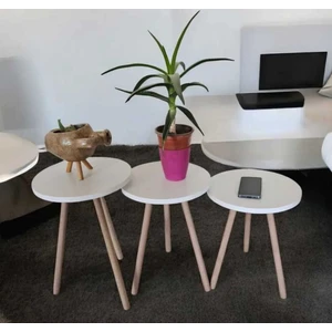 3lü Yan Sehpa Zigon Sehpa Beyaz Desenli Ahşap Ayaklı