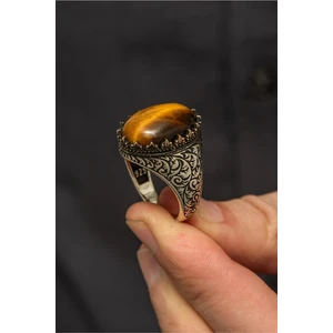 Yüzük Sanatı Oval Kaplan Gözü Taşlı 925 Gümüş Erkek Yüzük