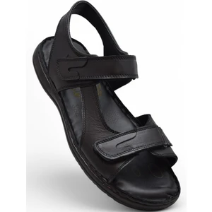 088 Topuk Jelli Tam Ortopedik Taban Hakiki Deri Erkek Sandalet Cırtlı Sandalet