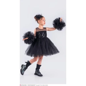 Kız Çocuk Pon Pon Kollu Tütü Etekli Elbise