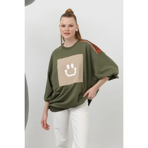 20623 Iki Iplik Kumaş Smile Baskılı Oversize Tesettür Sweatshirt