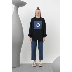20623 Iki Iplik Kumaş Smile Baskılı Oversize Tesettür Sweatshirt