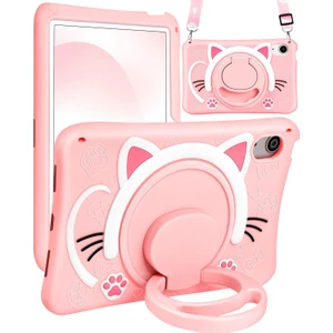 Ipad (A16) 2025 Uyumlu Çocuklar Için Askılı Standlı 3D Kedi Figürlü Silikon Kılıf