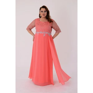 Büyük Beden Mercan Renkli Uzun Şifon Abiye Elbise