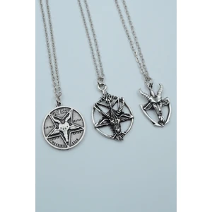 3'lü Lucifer Morning Star Pentagram Pagan Keçi Şeytan Gümüş Kaplama Kolye Seti