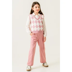 Cansın Mini Pembe Baklava Desenli Süveterli Gömlekli Kız Çocuk 3lü Takım 20534