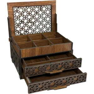 Cosmetic Mirror Bir Lazer Dekoratif 3 Çekmeceli Takı Bijuteri Mücevher Kutusu Organizer Düzenleyici Ahşap 14 x 20 x 11 cm