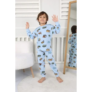 Depobu Kids Taşıtlar Baskılı  Pamuk Uzun Kollu Erkek Mavi Pijama Takımı (3,4,5,6,7,8 Yaş)