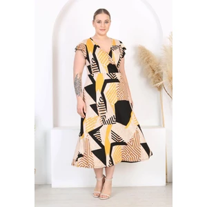 Kadın Sarı Siyah Geometrik Desen Fırfır Kol Kruvaze Yaka Büyük Beden Maxi Elbise