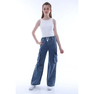 Kız Çocuk Oversize Kargo Cepli Beli Lastikli Pamuk Kot PANTOLON-PNT-0042