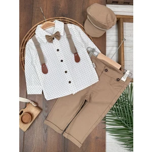 Deluxe Erkek Bebek Takım 5 Parça Şapkalı Askılı Papyonlu Gömlek ve Likralı Gabardin Pantolunlu Takım