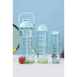 3'lü Motivasyonel Sporcu Su Şişesi Tritan Suluk Su Matarası Stickerlı Pipetli Suluk 2000+900+500ML