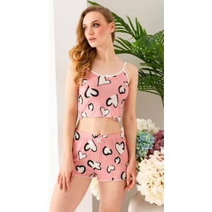 Kadın Kalp Desenli Atlet Şort Pijama Takımı Pembe - 25Y 10041