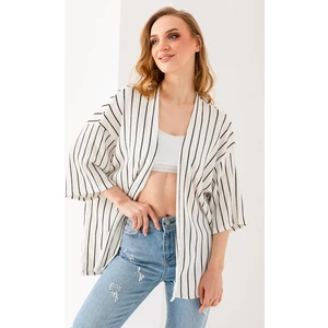 Kadın Yarım Kol Çizgili Bürümcük Kimono Beyaz - 254406